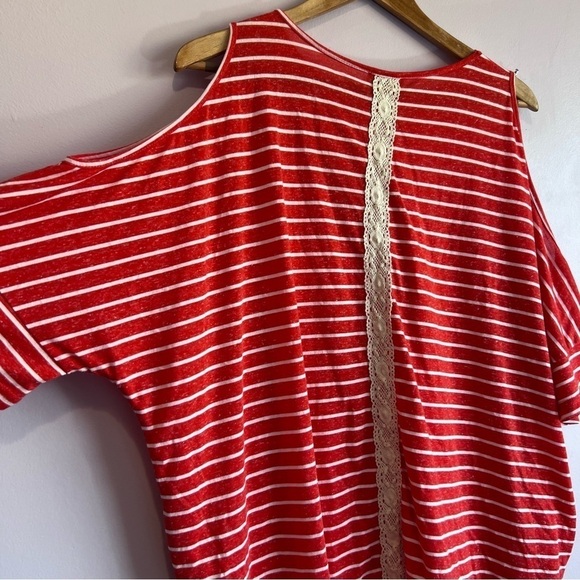 UMGEE Red Striped Cold Shoulder Lace Tunic Blouse Shirt Swim Coverup Pockets M - Picture 10 of 14